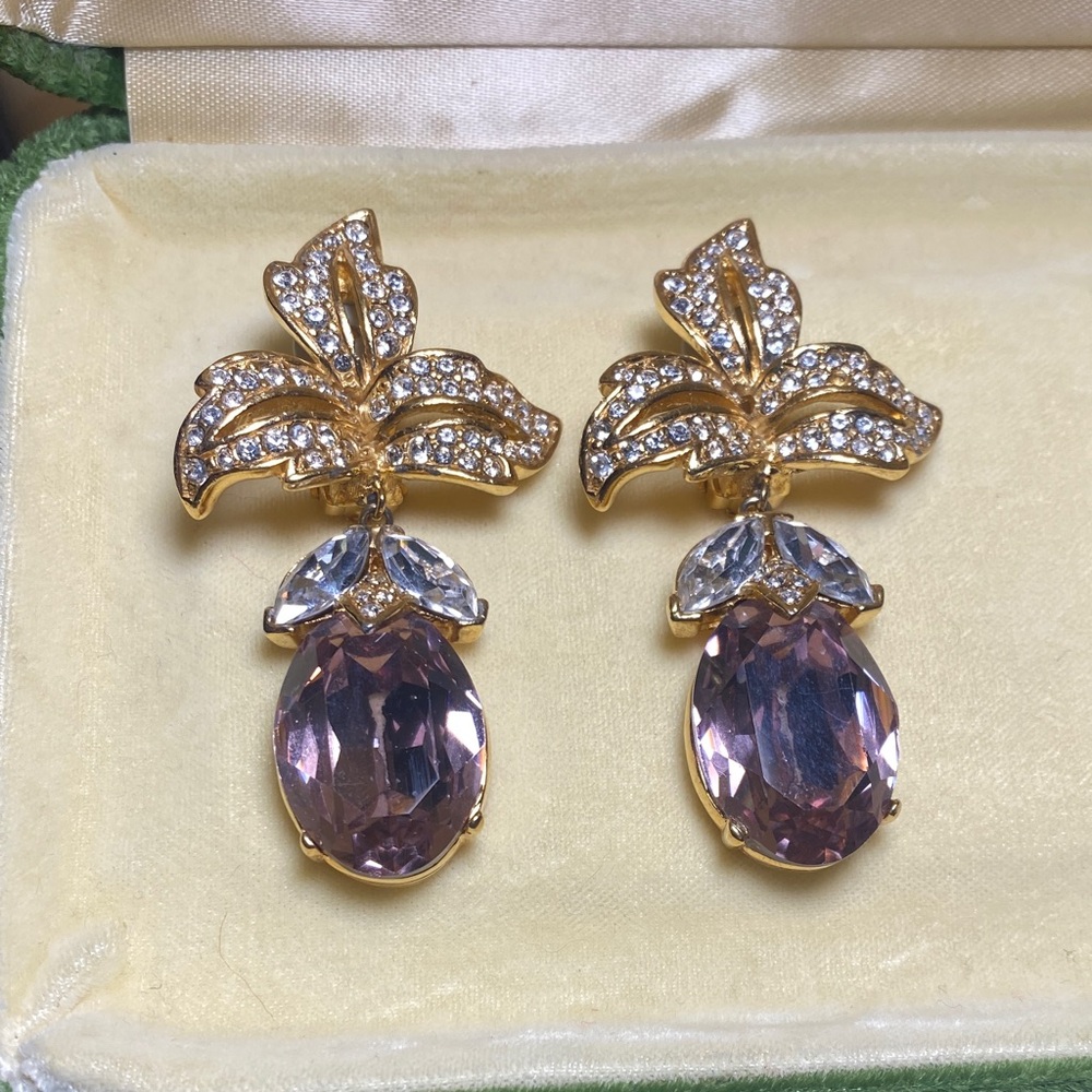Ciner Drop Earrings Gold & Purple Leaf Gemstone
